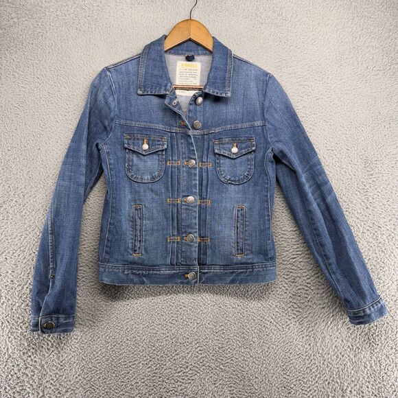 J Crew Jacket Women's Extra Small Blue Denim Biker Trucker Pockets Medium Wash - Picture 1 of 9